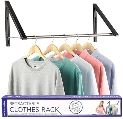 Double Foldable Clothing Rack w/ Extension Rod, Wall-Mounted Retractable Clothes Hanger for Laundry Dryer Room, Hanging Drying Rod, Small Collapsible Folding Garment Racks, Dorm Accessories (Black)