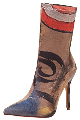 vivianly Women's Sexy Pointy Toe Stiletto Heels Ankle Boots Printed Stretchy Sock Booties Size 12