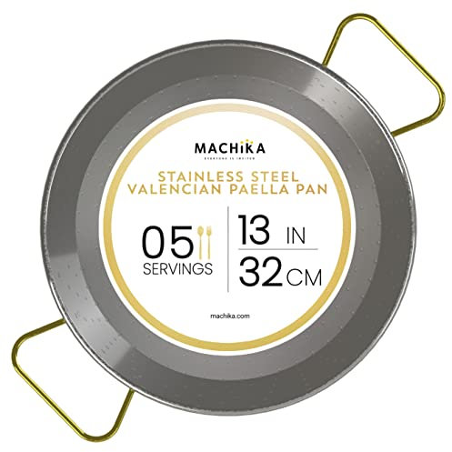 Machika Paella-Pfanne aus Edelstahl, Kochpfanne, Edelstahlpfanne für Paella- und Reis-Rezepte, valencianische Paella-Pfanne aus Edelstahl mit goldfarbenen Griffen, 5 Portionen, 33 cm