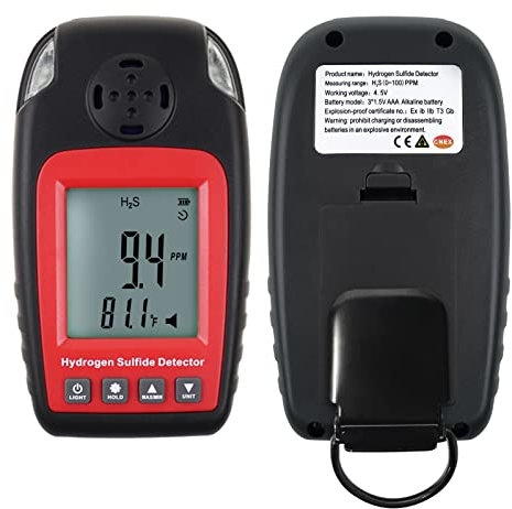 H2S Monitor Digital H2S Monitor Clip On 0~100ppm H2S Gas Detector with Buzzer and Red Indicator Alarm, LCD Backlight Hydrogen Sulfide Detector Display h2s & °C/°F Temperature for Various environments