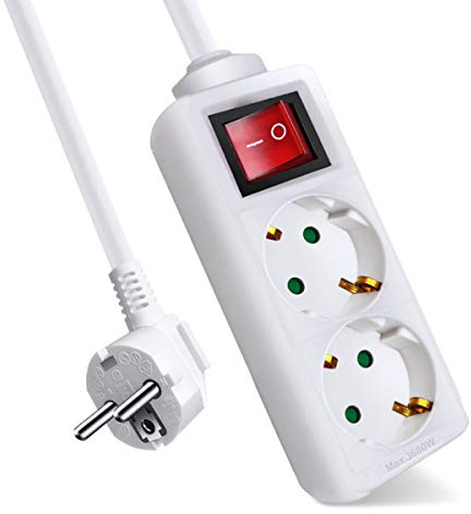 EXTRASTAR Regleta Alargador con 2 Enchufes e Interruptor, Cable 3M, para el hogar, Oficina y Viajes, 16A, 250V, 3680W, Blanco
