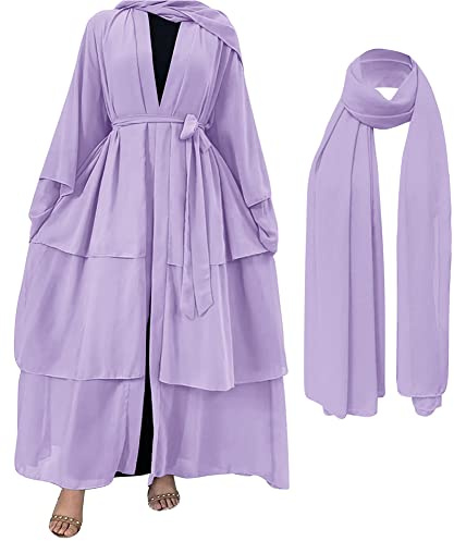 IBTOM CASTLE Abaya Muslim Dress for Women, Open Front Chiffon Kaftan Dress with Hijab Scarf Dubai Middle East Arabian Robe Islamic Full Length Casual Dress Loose Long Sleeve Cardigan Lilac L