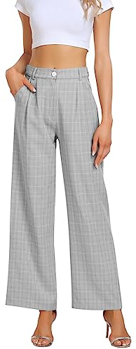 Mavis Laven Pantalones de Mujer para Negocios, Pierna Ancha, Alta Elasticidad, Largos Rectos, Gris a Cuadros, Talla XXL