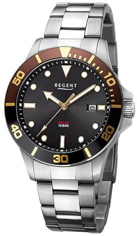 REGENT Orologio solare subacqueo acciaio inox 41 mm F-1545, grigio argentato, Sportivo