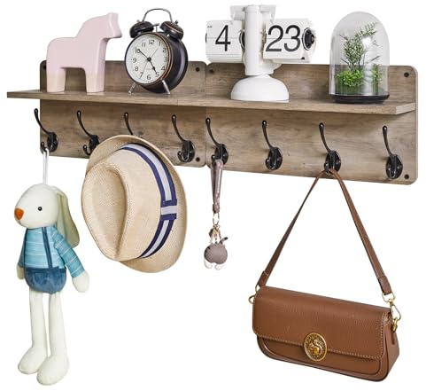 YMYNY Appendiabiti da parete, in legno, set di 2, appendiabiti da ingresso con 8 ganci, 80 cm L, mensole galleggianti, portachiavi, per camera da letto, bagno, soggiorno, grigio argento HWS006Y-2
