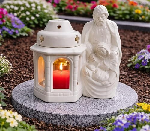 Grablaterne Heilige Familie incl. Granitsockel Grablampe Grableuchte Keramik Weiss Grabschmuck Grablicht Kerze Schutzengel Lampe Laterne Grabdeko Grabdekoration Maria Josef Jesus