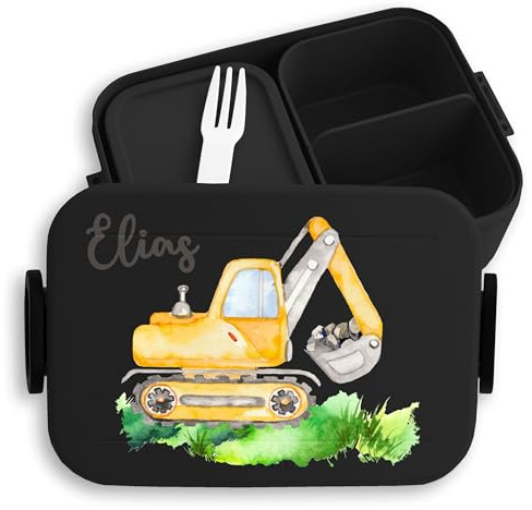 Kinder Bento Box Midi Lunchbox für Mepal Bentobox - Bagger Baggerfahrer Baggerführer Bagger-Fan Baustellenfahrzeug - 900 ml - Schwarz - brotdose name baustelle baustellenfahrzeuge brotzeitbox