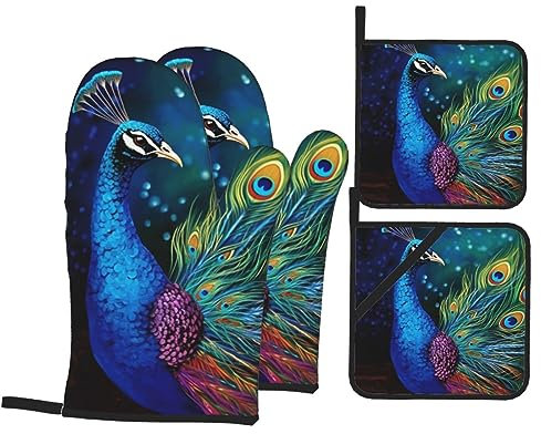Topflappen Und Topflappen Set Von 4 Farbiger Pfauendruck Grillhandschuhe Hitzebeständige Wasserfeste Topfhandschuhe, Für BBQ, Küche