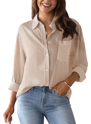 AIEOE Blusa Rayas Mujer Camisa Cuello en V Slim Fit Casual Camiseta Manga Larga Túnica Elegante Shirts Tops S Caqui