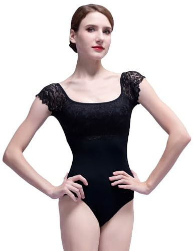 s.lemon Damen Kurzarm Balletttrikot Dehnbar Ballett Tanz Body mit Spitze