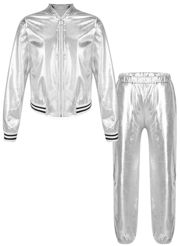 TTAO 2 piezas Conjunto de ropa de baile para niños y niñas Hip Hop, traje de baile metálico brillante, chaqueta y pantalón de jogging para niños, ropa de baile de jazz, plata, 134-140