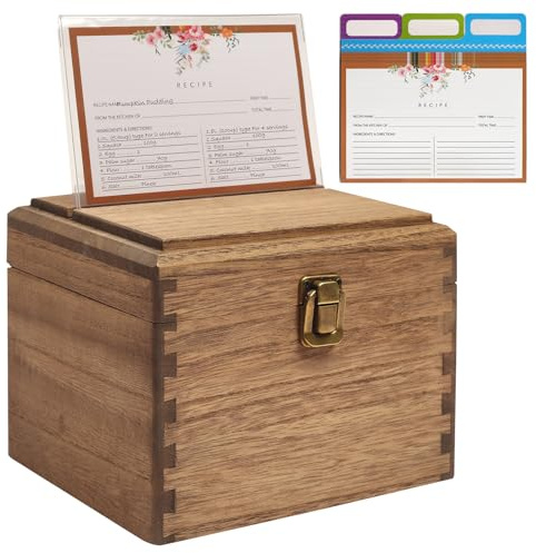 KIRIGEN Wooden Recipe Box with Cards, Dividers and Holder, Brown | Paulownia wood with plant oil finish; includes 100 cards, 12 dividers, sleeves and acrylic holder