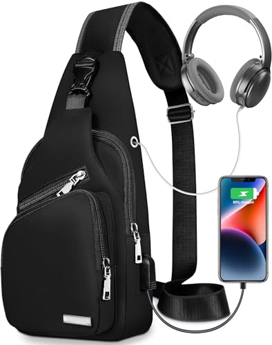 Lidxfeo Schultertasche mit Kopfhörerloch, Wasserdichter Brusttasche Chest Herren, Mehrere Taschen Sling Rucksack, Anti-Diebstahl Multipurpose Crossbody Bag, für Wandern, Reisen, Klettern Usw