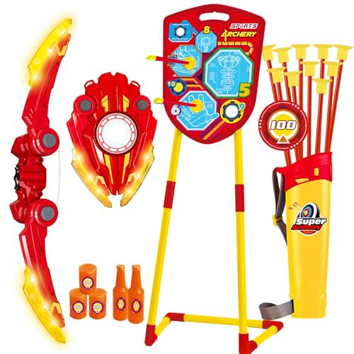 Pfeil Und Bogen set Deluxe für Kinder mit stehender Zielscheibe, 10 Saugnapf-Pfeile, 1 Köcher, LED-Licht-Bogenschieß-Set Spielzeug, Indoor Outdoor-Sport-Geschenke für Jungen Mädchen 4-12 Jahre Alt