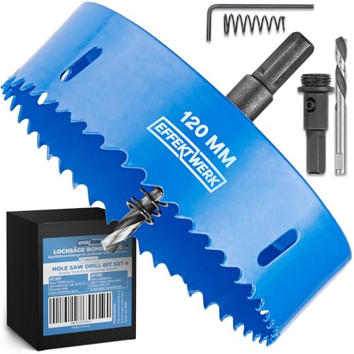 EffektWerk - Punta per sega a tazza - 120 mm - Include punta centrale, chiave esagonale e adattatore per trapano - Perfetto per legno tenero e PVC