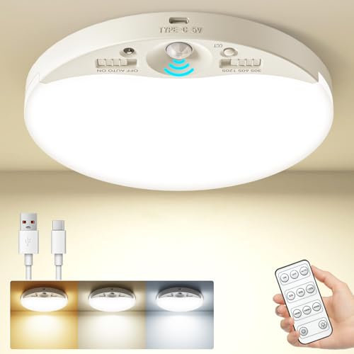 zemty Rechargeable Motion Sensor Ceiling Light with Remote, 6.3in LED Ceiling Light with Motion Sensor, Dimmable LED Ceiling Lights 3000K/4000K/6500K for Shed, Loft, Stairs, Hallway 1 Pack