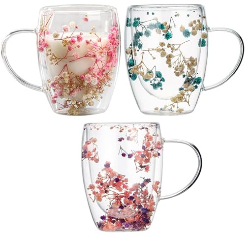 350ml 3pcs Dry Flowers Double Wall Glass Coffee Mugs - Insulated Heat Resistant Coffee Mugs