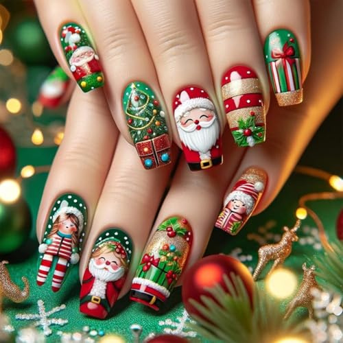 Lot de 24 faux ongles brillants à coller avec motifs Père Noël pour un look festif tendance