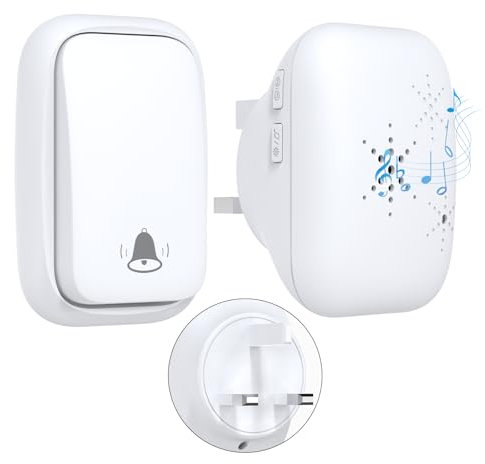 Cerhot UK Plug Self Powered Wireless Doorbell No Battery 150M Distance 38 Songs Door Bell Button Outdoor Doorbell Wireless Waterproof for Home School Office (UK 1V1 White B)