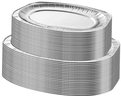 MEIDIV 30 Pack Large Foil Platters for Party Food, 14inch, 17in Aluminium Foil Trays Serving Platter for Parties, Oval Silver Trays Plates for Food Serving, Buffet