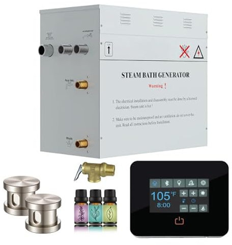 SaunaSpa Builders Series 10,5 kW Dampfbadgenerator mit Schnellstart-Dauerdampf, schwarzem digitalem Touchpad, integriertem automatischem Ablauf und Aroma-Dampfkopf in gebürstetem Nickel