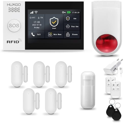 HUXGO® HXA007 Alarme Maison sans Fil WiFi + GSM avec Sirène exterieure sans Fil | Système d'alarme avec détecteur de Mouvement, 5X capteurs de Porte | Kit sécurité Maison, Appartement, Garage