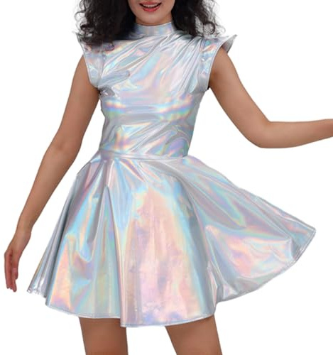 Kleid Silber Metallic Damen, Metallic Glitzerkleid Damen Glänzendes Kleid Ärmellos Alien Kostüm Metallisch Glänzend Glitzerrock Minikleid Partykleid Karneval Kostüm Club Disco (01 Multicolour, M)