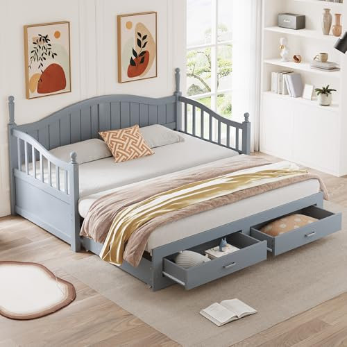 Dolamaní Ausziehbett gleiche höhe Schlafsofa Holz 90/180x190 cm, Bett mit Stauraum Schubladen und Lattenrost,geschwungener Rückenlehne und Armlehnen (Grau)