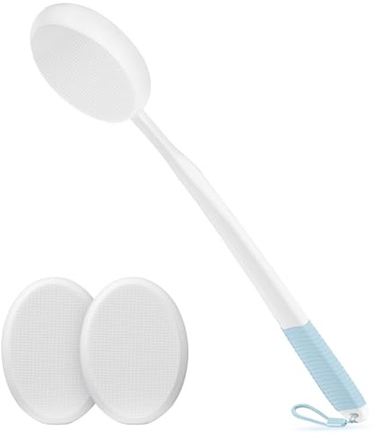 19 Zoll Eincremehilfe für den Rücken – Lotionapplikator mit langem, langer weißer Griff mit blauem rutschfestem Halt & 3 waschbaren weißen Pads, geeignet für alle Altersgruppen