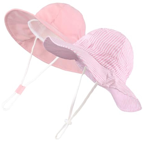 LUVCES Baby bomull solhatt för småbarn flickor randig och enfärgad fiskarhatt med brett brätte, 2 st barn sommar utomhushattar unisex, A: 2 st rosa ränder + fulltonsfärg, 12-24 Månader