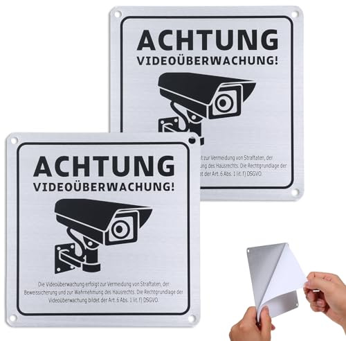 JIYIN 2 Stück Schild Videoüberwachung Privatgrundstück mit DSGVO Hinweis, 15 x 15 cm Achtung Videoüberwachung Schild Aluminium Videoüberwachung Schild mit Selbstklebend und 4 Bohrlöcher