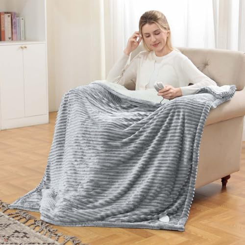 Coperta Riscaldante Elettrica con Spegnimento Automatico,180 x 135 cm,Timer 10 Ore e 6 Temperature,Rapido Riscaldamento,Flanella,Lavabile in Lavatrice,Coperta Termica per Letto, Casa e Ufficio-Grigio