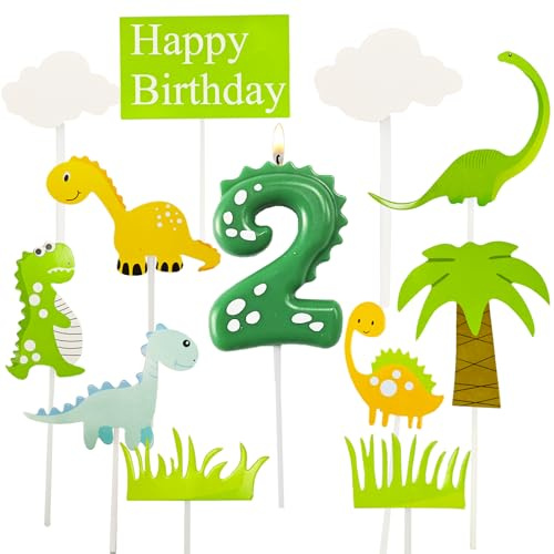 DazzJoy Dino Geburtstagskerzen Zahlen 2,12 Stück Dinosaurier Happy Birthday Tortendeko,Dinosaurier Geburtstagskerze 2 für Kinder,Grün Kerzen Zahlen,Tortendeko 2. Geburtstag Mädchen,Kerze 2