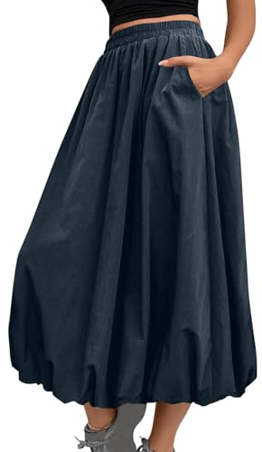 Flodxo Womens Skirts Elastic Waist Boho Summer Dresses with Pockets Elegant Casual Bubble Maxi Skirt Y2K Balloon Ruffle Hem Puff A Line Dress for Going Out Party Club Beach Holiday Navy XL