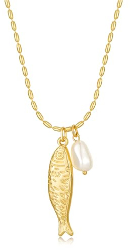 Fish Pendant Necklace for Women 14k Gold Plated Ball Chain Bohemian Pearl Fish Charm Pendant Necklace for Beach Summer (pearl fish)