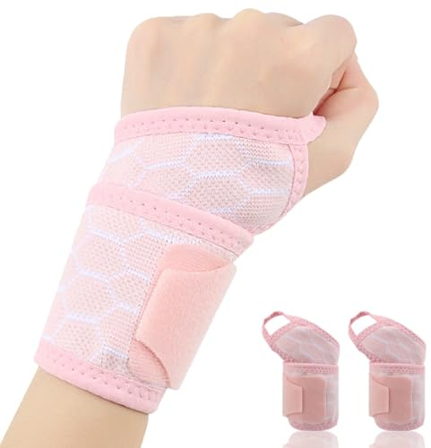 Jorun 2 Pcs Wrist Supports Brace Bandage for Left Right Hand - Pink Soft Breathable Wrist Support - for Pain Relief, Sports,Work Men and Women
