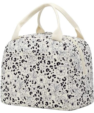 Nanxson Bonita bolsa térmica de pana para el almuerzo,fiambrera reutilizable y portátil para el trabajo, los viajes, la playa y el uso diario (9.8L,A-Flor leopardo negra) | Bolso isotérmico pequeño,Bolsa para el almuerzo a prueba de fugas,Bolsa térmica plegable, para el trabajo, para ir de picnic