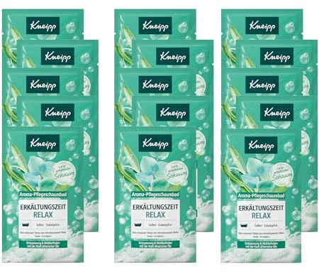 Kneipp Schiuma aromatica per la cura del raffreddore Relax, relax e benessere con il potere degli oli essenziali, additivo per il bagno con oli essenziali naturali di salvia ed eucalipto, 15 x 50 ml