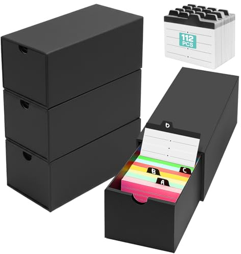QUOTRE Karteikasten box A8, 4 Lernkarteibox Schwarz mit 112 Stück Sortierkarten, Fasst 4000+ Karteikarten, Geeignet für Szenarien wie Lernen und Büroarbeit