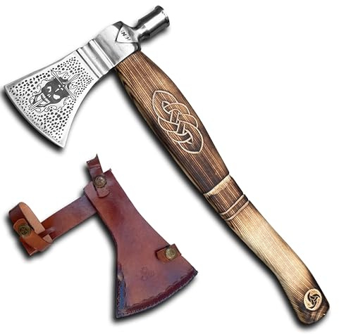 Novahaven Mjölnir – handsmidd utomhus yxa 46 cm med hammarstolpe – gåva & dekoration av kolstål, snidat ask, läderskida – för camping, vandring och dagligt träarbete