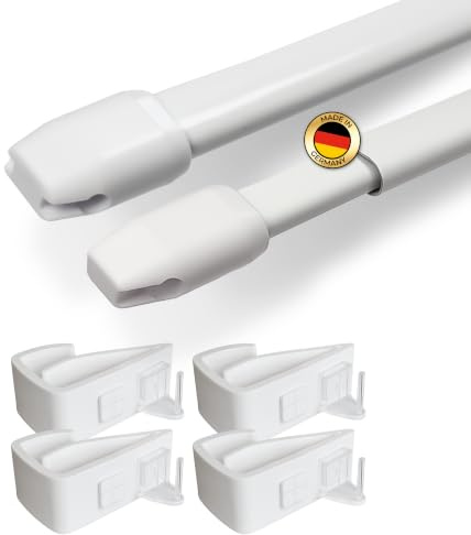 Rollina Gardinenstange ohne Bohren 60-80cm | Set Gardinenstangenhalter | 2x Vitragestange ausziehbar + 4 Gardinenstangenhalter 8-16mm Rahmenstärke | Scheibengardinenstange Küche Bad zum Klemmen