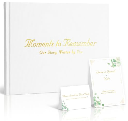 Wedding Guest Book Set – White Linen Hardback, Greenery Gold Foil, 120 Pages with Decorative Pattern, 'Please Sign Our Guest Book' Table Sign & 'Leave a Special Note' Card, Belly Band, 21.5 x 14.5 cm