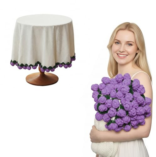 Bibykivn Coperta Bouquet di Fiori, Plaid con Fiori all'Uncinetto Finita, Coperta con Decorazione di Rose, Ideale come Regalo per Donne per San Valentino e Compleanni (Rosa - Viola, 110CM)