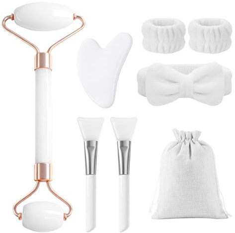 flintronic Kit de Gua Sha 8 Pièces, Gua Sha Visage et Rouleau de Jade, Coffret de Massage et Guasha Visage & Corps, Raffermir la Peau, Réduire le Gonflement, Massager le Corps, Circulation Sanguine