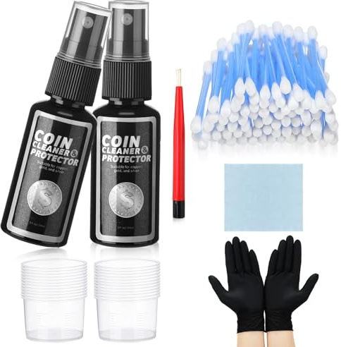 Swiffen 49 Pcs 300ml Coin Cleaner and Protector Kit Include Solution Fiberglass Pencil Cleaning Cloth Gloves Cotton Swab Measuring Cup for Collectors Cleaning Gold Silver Vintage Coins Supplies