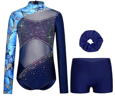 Miutii Mädchen Turnanzug Glitzer Gymnastikanzug Langarm Ballettanzug mit kurze Hose Haarband Gymnastik Leotard Eislaufen Tanzkostüm B Marine Blau 134-140