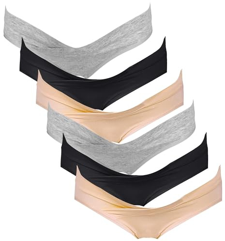 Intimate Portal Culotte Grossesse de Maternité en Coton Slips Post Accouchement pour Femme Enceinte Bikinis Croisés Lot de 6 Noir Beige Gris S