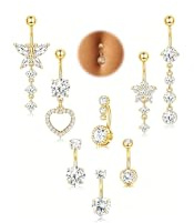BVLAGIDA 8 Pièces Piercing Nombril Acier Chirurgical Or Femme 10MM Percing Au Nombril Argent 14G Hypoallergénique Pendant Zircon Coeur Fleurs Papillon Piercing Nombril Femme