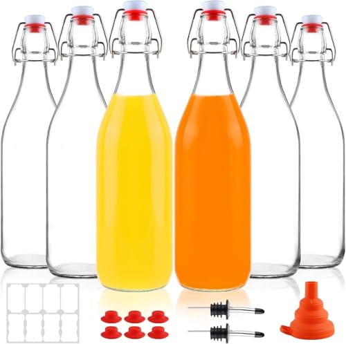 RusseryPek 6 Pack 1000ml Swing Top Glass Bottles with Airtight Stopper | 1 Liter Flip Top Brewing Bottles for Vanilla Extract, Kombucha, Beer, Kefir, Mead