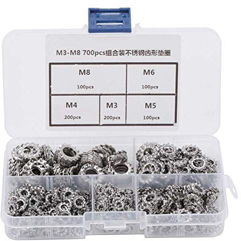Arandelas Dentadas Externas Acero Inoxidable 304 M3-M8 - Kit 700 Piezas para Equipos Industriales (M3:200, M4:200, M5:100, M6:100, M8:100)